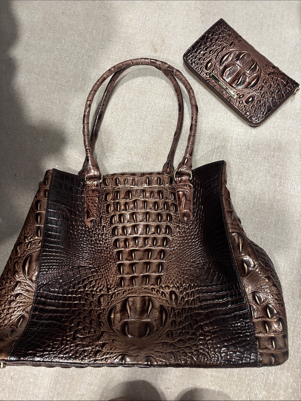 Brahmin Classic Croc-Embossed Leather Tote With Matching Wallet - Brown